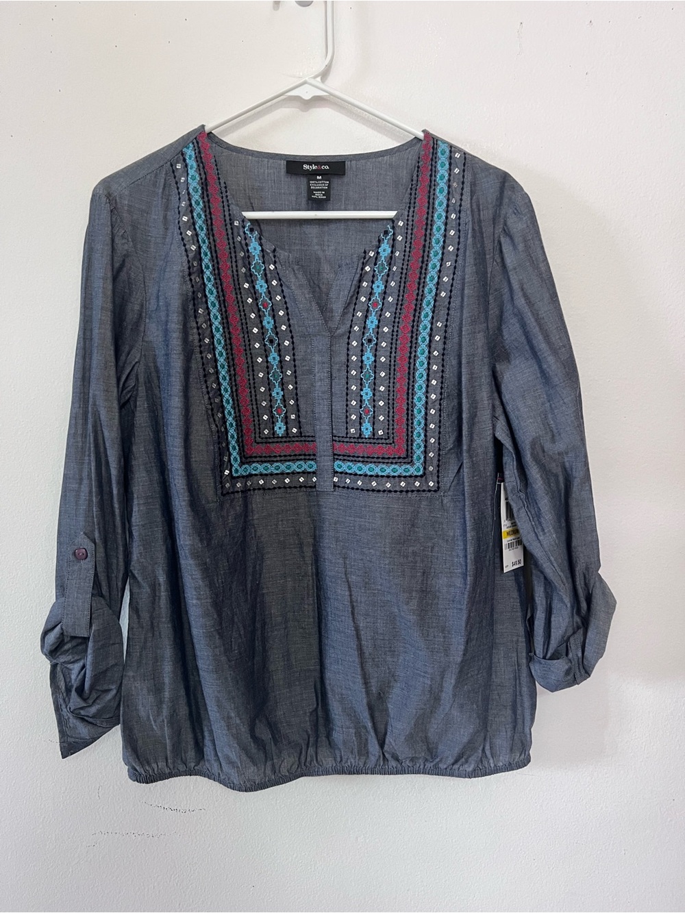 Style & Co. Blue Tunic with Teal and Pink Embroidery
